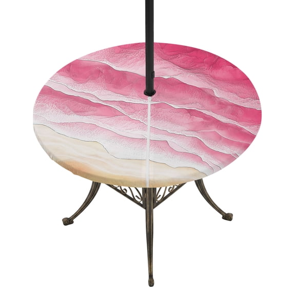 Round Outdoor Tablecloth with Umbrella Hole and Zipper, Pink Beach Coastal Tablecloth with Elastic Waterproof, Summer Nautical Seaside Ocean Ombre Patio Table Covers for 36" - 44" Picnic Pool Tables