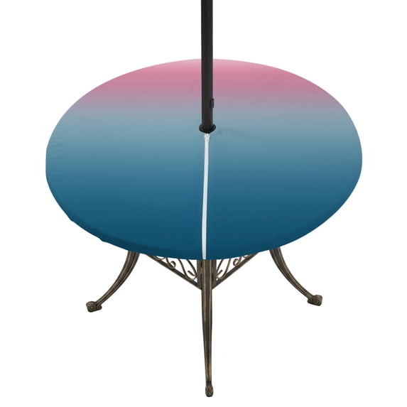 Round Outdoor Tablecloth with Umbrella Hole and Zipper, Pink Blue Ombre Fitted Table Cover with Elastic Edge for 55-60 Inch, Modern Abstract Art Aesthetics Waterproof Patio Tablecoths for Picnic