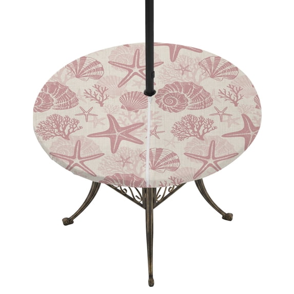 Round Outdoor Tablecloth with Umbrella Hole and Zipper, Pink Coastal Summer Tablecloth with Elastic Waterproof, Coral Shell Starfish Vintage Patio Table Covers for 36" - 44" Picnic Pool Tables