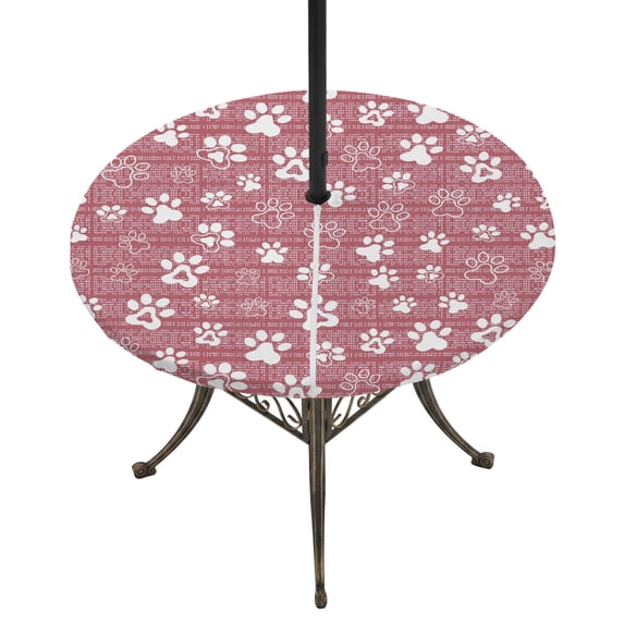 Round Outdoor Tablecloth with Umbrella Hole and Zipper, Pink Dog Paw Tablecloth with Elastic Waterproof, Modern Geometric Abstract Aesthetics Patio Table Covers for 55" - 60" Picnic Pool Tables