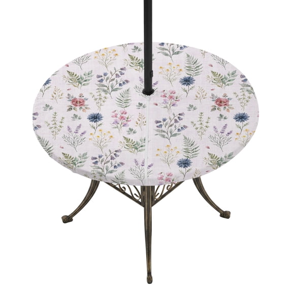 Round Outdoor Tablecloth with Umbrella Hole and Zipper, Pink Dreamy Botanical Tablecloth with Elastic Waterproof, Spring Floral Leaves Romantic Patio Table Covers for 31" - 35" Picnic Pool Tables
