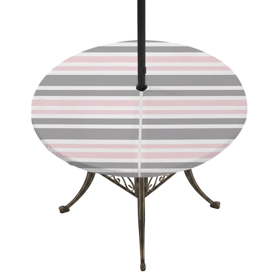 Round Outdoor Tablecloth with Umbrella Hole and Zipper, Pink Grey Striped Tablecloth with Elastic Waterproof, Horizontal Lines Simple Minimalist Patio Table Covers for 45" - 54" Picnic Pool Tables