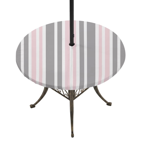 Round Outdoor Tablecloth with Umbrella Hole and Zipper, Pink Grey Stripes Tablecloth with Elastic Waterproof, Simple Striped Lines Minimalist Modern Patio Table Covers for 31" - 35" Pool Tables