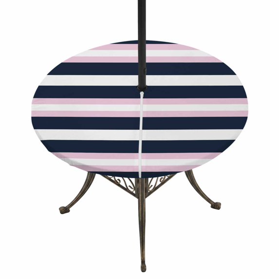 Round Outdoor Tablecloth with Umbrella Hole and Zipper, Pink Navy Blue Striped Tablecloth with Elastic Waterproof, Minimalist Abstract Lines Artwork Patio Table Covers for 36" - 44" Pool Tables