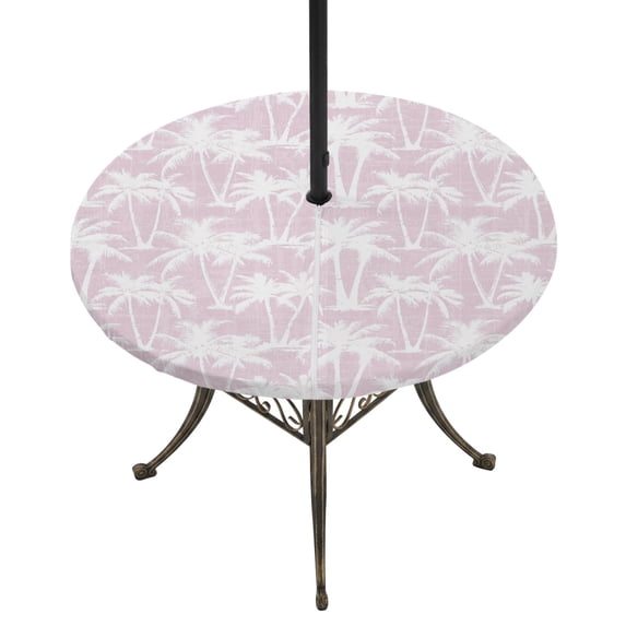 Round Outdoor Tablecloth with Umbrella Hole and Zipper, Pink Palm Tree Summer Tablecloth with Elastic Waterproof, Beach Tropical Botanical Coastal Patio Table Covers for 31" - 35" Picnic Pool Tables