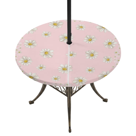 Round Outdoor Tablecloth with Umbrella Hole and Zipper, Pink Spring Floral Tablecloth with Elastic Waterproof, Daisy Flowers Elegant Farmhouse Art Patio Table Covers for 45" - 54" Picnic Pool Tables