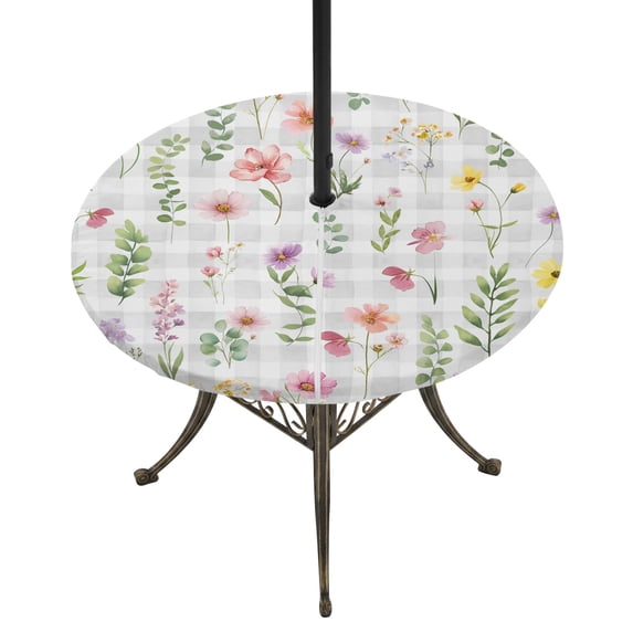Round Outdoor Tablecloth with Umbrella Hole and Zipper, Pink Spring Floral Tablecloth with Elastic Waterproof, Flowers Botanical Elegant Grey Checkered Patio Table Covers for 31" - 35" Pool Tables