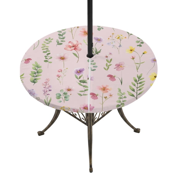 Round Outdoor Tablecloth with Umbrella Hole and Zipper, Pink Spring Floral Tablecloth with Elastic Waterproof, Flowers Botanical Elegant Pastoral Patio Table Covers for 55" - 60" Picnic Pool Tables