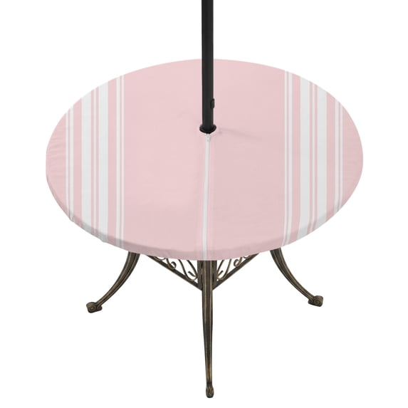 Round Outdoor Tablecloth with Umbrella Hole and Zipper, Pink Striped Fitted Table Cover with Elastic Edge for 31-35 Inch, Farmhouse Pink White Stripes Aesthetics Waterproof Patio Tablecoths