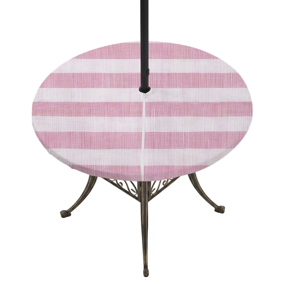 Round Outdoor Tablecloth with Umbrella Hole and Zipper, Pink Striped Fitted Table Cover with Elastic Edge for 31-35 Inch, Farmhouse Vintage Stripes Waterproof Patio Tablecoths for Picnic