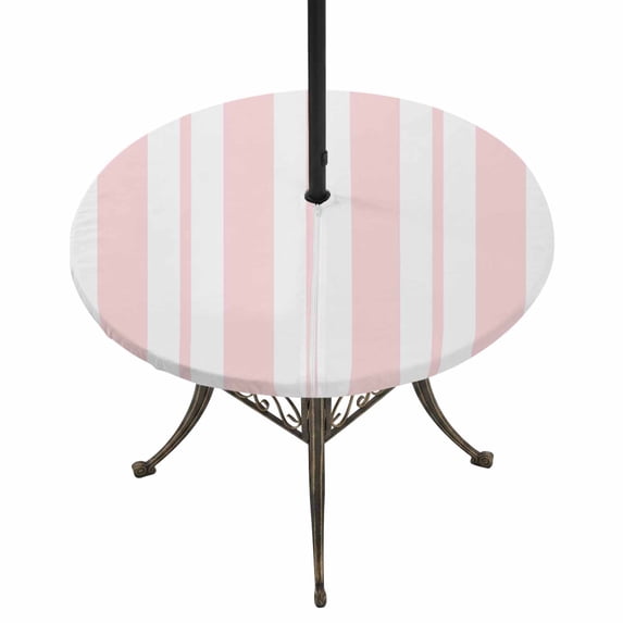 Round Outdoor Tablecloth with Umbrella Hole and Zipper, Pink Striped Tablecloth with Elastic Waterproof, Blue Geometric Line Stripes Farmhouse Patio Table Covers for 45" - 54" Picnic Pool Tables