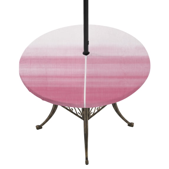 Round Outdoor Tablecloth with Umbrella Hole and Zipper, Pink White Ombre Tablecloth with Elastic Waterproof, Romantic Funny Abstract Striped Lines Patio Table Covers for 36" - 44" Picnic Pool Tables