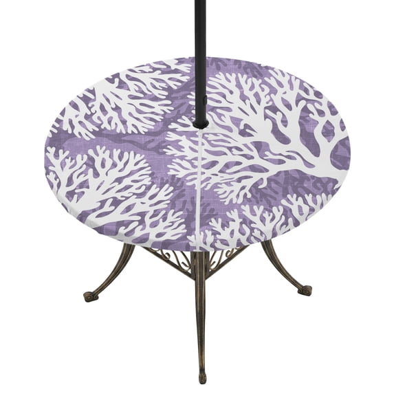 Round Outdoor Tablecloth with Umbrella Hole and Zipper, Purple Coastal Coral Tablecloth with Elastic Waterproof, Summer Nautical Sea Beach Ocean Patio Table Covers for 31" - 35" Picnic Pool Tables