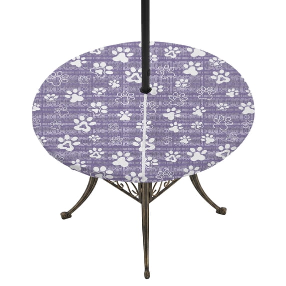 Round Outdoor Tablecloth with Umbrella Hole and Zipper, Purple Dog Paw Tablecloth with Elastic Waterproof, Modern Geometric Abstract Aesthetics Patio Table Covers for 45" - 54" Picnic Pool Tables