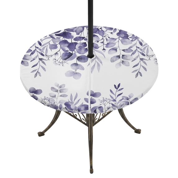 Round Outdoor Tablecloth with Umbrella Hole and Zipper, Purple Eucalyptus Leaves Tablecloth with Elastic Waterproof, Spring Summer Botanical Patio Table Covers for 36" - 44" Picnic Pool Tables