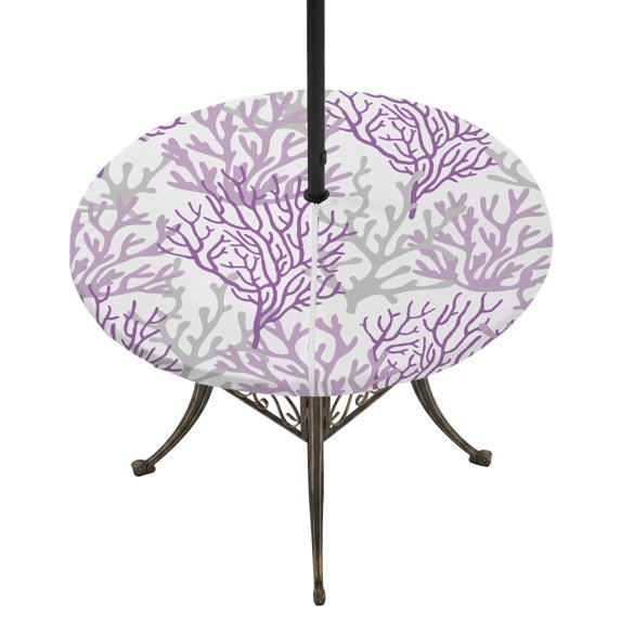 Round Outdoor Tablecloth with Umbrella Hole and Zipper, Purple Gray Coral Coastal Fitted Table Cover with Elastic Edge for 55-60 Inch, Summer Beach Seaside Nautical Waterproof Patio Tablecoths