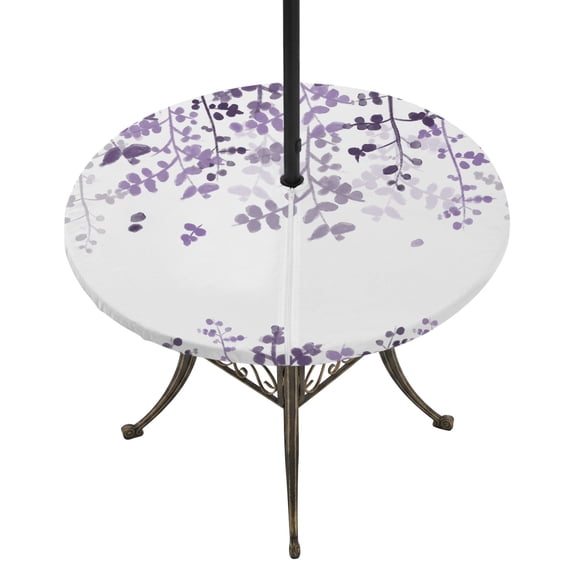 Round Outdoor Tablecloth with Umbrella Hole and Zipper, Purple Leaves Tablecloth with Elastic Waterproof, Summer Botanical Patio Table Covers for 45" - 54" Picnic Pool Tables