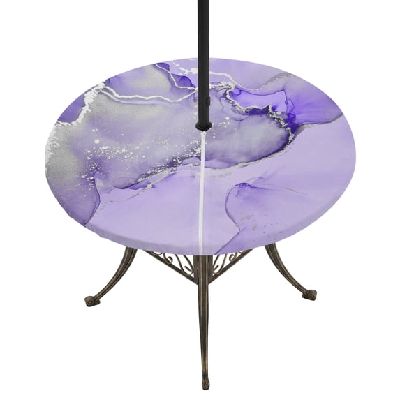 Round Outdoor Tablecloth with Umbrella Hole and Zipper, Purple Marble Fitted Table Cover with Elastic Edge for 36-44 Inch, Modern Abstract Waves Silvery Farmhouse Waterproof Patio Tablecoths