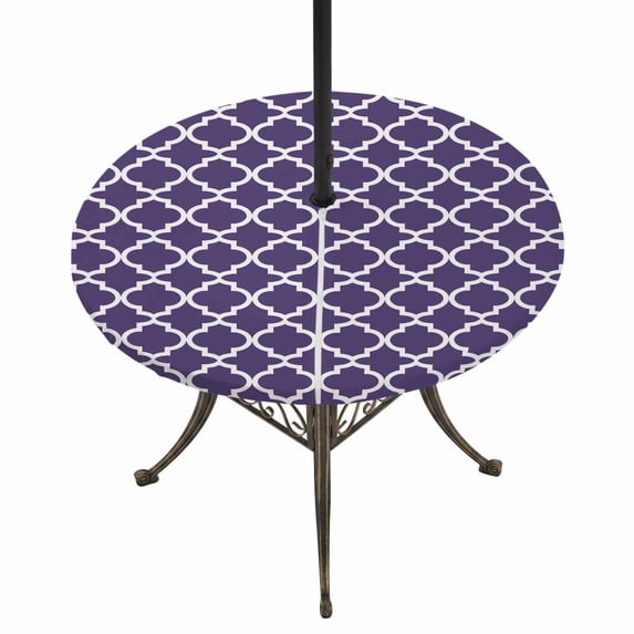Round Outdoor Tablecloth with Umbrella Hole and Zipper, Purple Moroccon Tablecloth with Elastic Waterproof, Country Chic Ethnic Minimalist Motifs Patio Table Covers for 55" - 60" Picnic Pool Tables