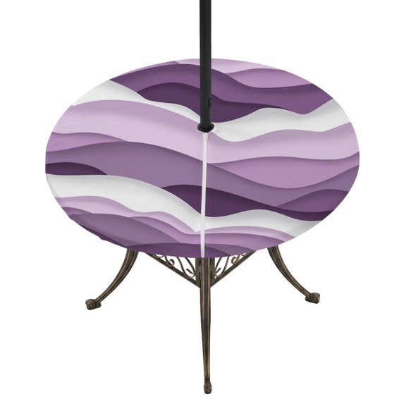 Round Outdoor Tablecloth with Umbrella Hole and Zipper, Purple Ombre Fitted Table Cover with Elastic Edge for 45-54 Inch, Modern Geometric Moire Abstract Art Waterproof Patio Tablecoths for Picnic