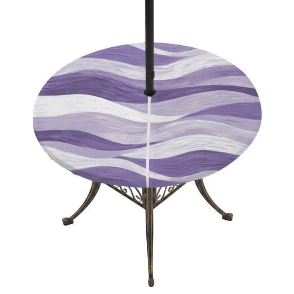 Round Outdoor Tablecloth with Umbrella Hole and Zipper, Purple Ombre Tablecloth with Elastic Waterproof, Modern Moire Abstract Art Aesthetics Patio Table Covers for 45" - 54" Picnic Pool Tables