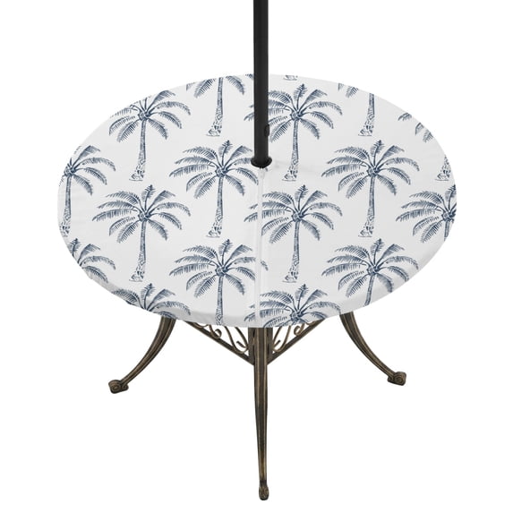 Round Outdoor Tablecloth with Umbrella Hole and Zipper, Purple Palm Tree Tablecloth with Elastic Waterproof, Tropical Summer Botanical Forest Modern Patio Table Covers for 36" - 44" Pool Tables