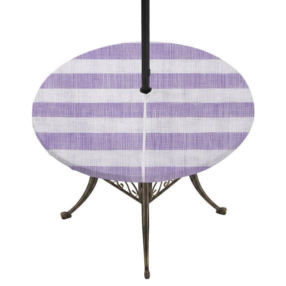 Round Outdoor Tablecloth with Umbrella Hole and Zipper, Purple Striped Fitted Table Cover with Elastic Edge for 45-54 Inch, Farmhouse Vintage Stripes Waterproof Patio Tablecoths for Picnic