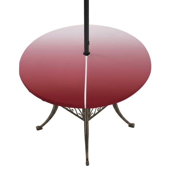 Round Outdoor Tablecloth with Umbrella Hole and Zipper, Red Beige Ombre Fitted Table Cover with Elastic Edge for 31-35 Inch, Abstract Modern Art Gradient Waterproof Patio Tablecoths for Picnic