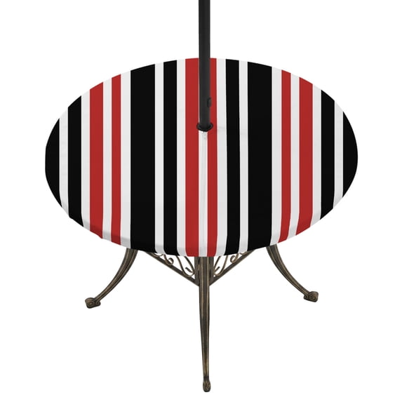 Round Outdoor Tablecloth with Umbrella Hole and Zipper, Red Black Stripe Tablecloth with Elastic Waterproof, Farmhouse Minimalist Striped Patio Table Covers for 31" - 35" Picnic Pool Tables