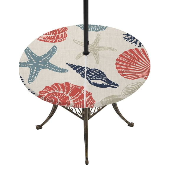 Round Outdoor Tablecloth with Umbrella Hole and Zipper, Red Blue Coastal Tablecloth with Elastic Waterproof, Starfish Shell Coral Summer Beach Rustic Patio Table Covers for 45" - 54" Pool Tables