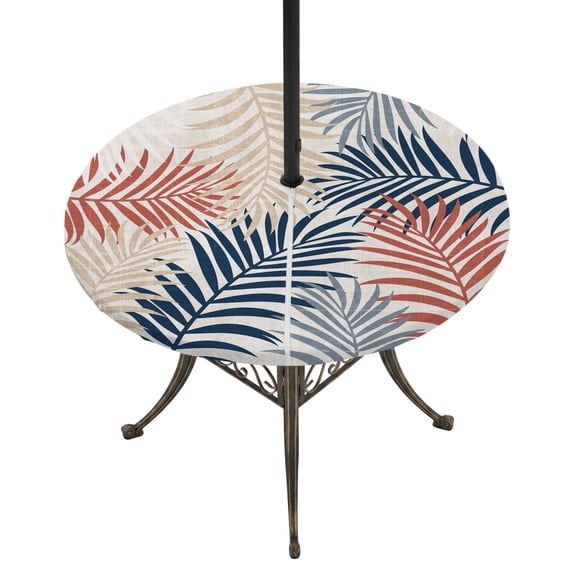 Round Outdoor Tablecloth with Umbrella Hole and Zipper, Red Blue Yellow Palm Leaves Tablecloth with Elastic Waterproof, Summer Botanical Tropical Leaf Patio Table Covers for 36" - 44" Pool Tables