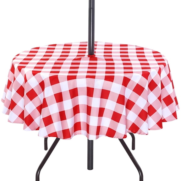 Round Outdoor Tablecloth with Umbrella Hole and Zipper,Red Gingham 60 Inch,Polyester SpillProof Washable Table Cloth for Spring Summer Patio Garden Poolside Picnic Camping BBQS