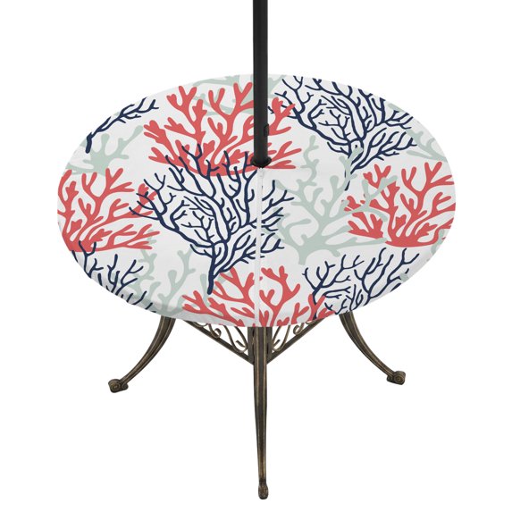 Round Outdoor Tablecloth with Umbrella Hole and Zipper, Red Navy Blue Coral Coastal Fitted Table Cover with Elastic Edge for 55-60 Inch, Summer Beach Seaside Nautical Waterproof Patio Tablecoths