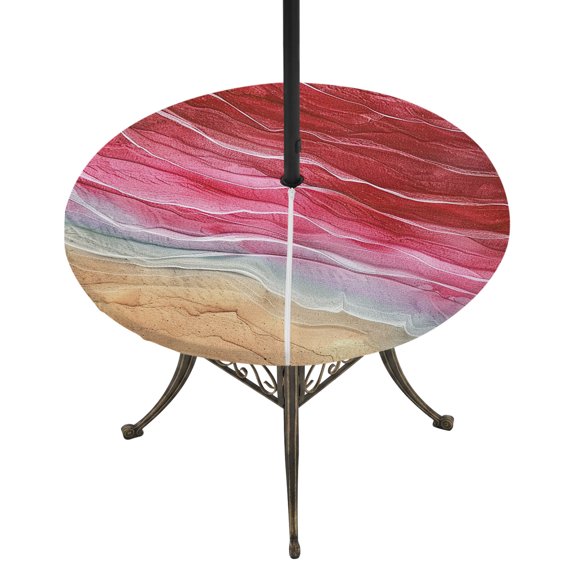 Round Outdoor Tablecloth with Umbrella Hole and Zipper, Red Ombre Coastal Fitted Table Cover with Elastic Edge for 45-54 Inch, Summer Nautical Beach Ocean Seaside Waterproof Patio Tablecoths