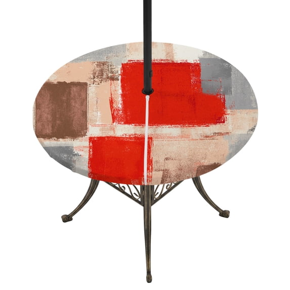 Round Outdoor Tablecloth with Umbrella Hole and Zipper, Red Ombre Fitted Table Cover with Elastic Edge for 55-60 Inch, Farmhouse Contemporary Abstract Checked Waterproof Patio Tablecoths for Picnic