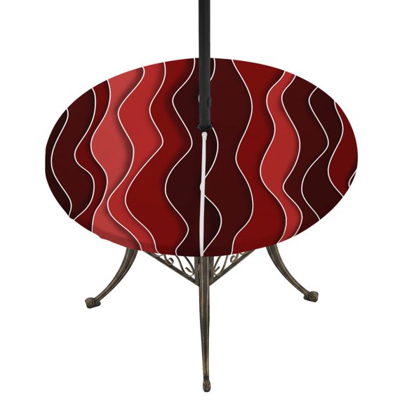 Round Outdoor Tablecloth with Umbrella Hole and Zipper, Red Ombre Tablecloth with Elastic Waterproof, Abstract Art Moire Ocean Waves Patio Table Covers for 31" - 35" Picnic Pool Tables