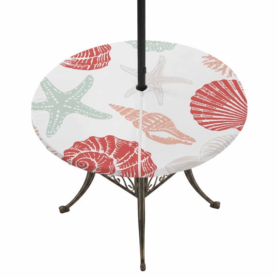Round Outdoor Tablecloth with Umbrella Hole and Zipper, Red Orange Coastal Tablecloth with Elastic Waterproof, Starfish Shell Coral Summer Beach Ocean Patio Table Covers for 36" - 44" Pool Tables
