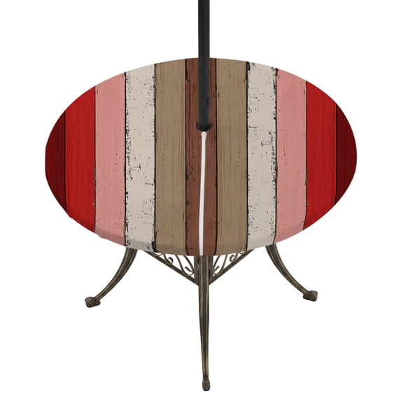 Round Outdoor Tablecloth with Umbrella Hole and Zipper, Red Pink Fitted Table Cover with Elastic Edge for 36-44 Inch, Farmhouse Wood Grain Vintage Brown Striped Waterproof Patio Tablecoths for Picnic