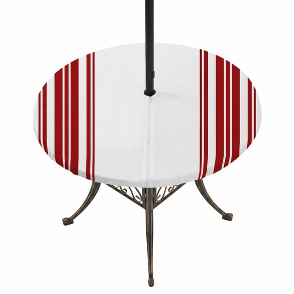 Round Outdoor Tablecloth with Umbrella Hole and Zipper, Red Striped Fitted Table Cover with Elastic Edge for 31-35 Inch, Farmhouse Simple Line Vertical Stripes Waterproof Patio Tablecoths for Picnic