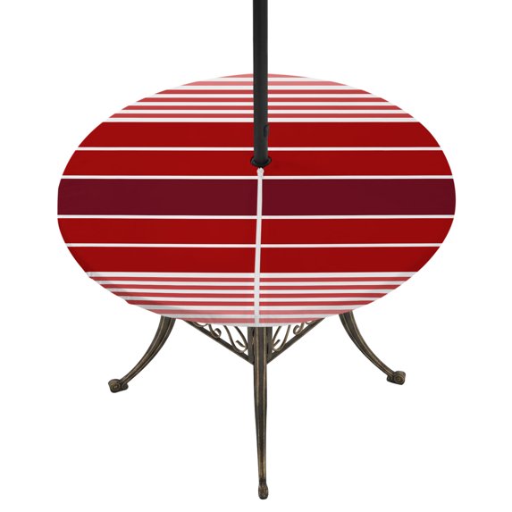 Round Outdoor Tablecloth with Umbrella Hole and Zipper, Red Striped Tablecloth with Elastic Waterproof, Modern Minimalist Gradient Lines Country Patio Table Covers for 31" - 35" Picnic Pool Tables
