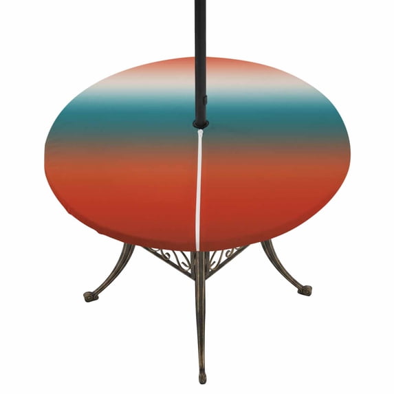 Round Outdoor Tablecloth with Umbrella Hole and Zipper, Red Teal Ombre Tablecloth with Elastic Waterproof, Modern Gradient Abstract Art Patio Table Covers for 45" - 54" Picnic Pool Tables