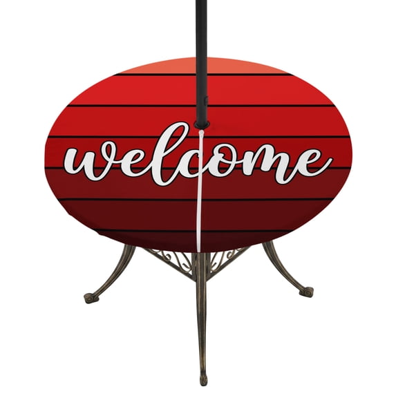 Round Outdoor Tablecloth with Umbrella Hole and Zipper, Red Wooden Grain Tablecloth with Elastic Waterproof, Farmhouse Ombre Wood Stripes Rustic Patio Table Covers for 45" - 54" Picnic Pool Tables
