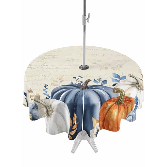 Round Outdoor Tablecloth With Umbrella Hole And Zipper– Retro Fall Thanksgiving Waterproof Patio Table Cover for Party, Picnic, Backyard, 50" Dia. , Blue White Orange Boho Pumpkin