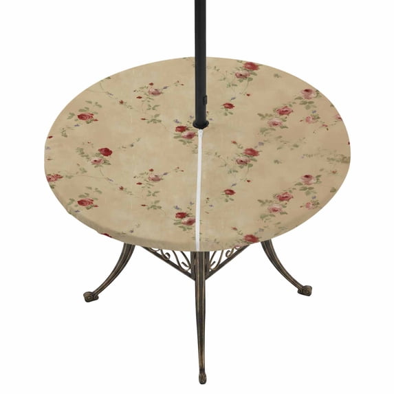 Round Outdoor Tablecloth with Umbrella Hole and Zipper, Rose Bud Flowers Tablecloth with Elastic Waterproof, Vintage Cottagecore Farmhouse Florals Patio Table Covers for 31" - 35" Picnic Pool Tables