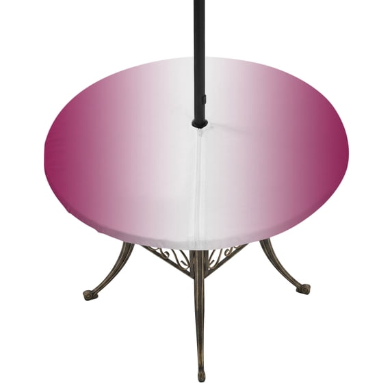 Round Outdoor Tablecloth with Umbrella Hole and Zipper, Rose Red Ombre Fitted Table Cover with Elastic Edge for 31-35 Inch, Pink White Gradient Modern Abstract Art Waterproof Patio Tablecoths