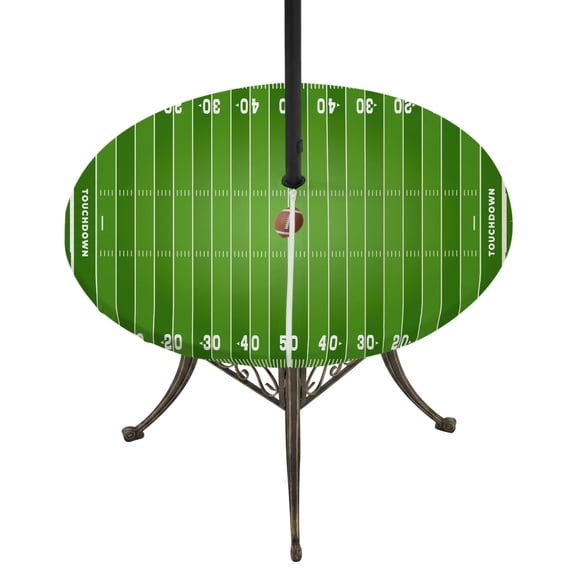 Round Outdoor Tablecloth with Umbrella Hole and Zipper, Rugby Sport Tablecloth with Elastic Waterproof, American Football Field Stadium Patio Table Covers for 31" - 35" Picnic Pool Tables