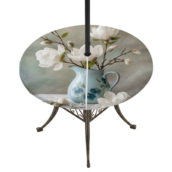 Round Outdoor Tablecloth with Umbrella Hole and Zipper, Rustic Floral Tablecloth with Elastic Waterproof, White Magnolia Flowers Farmhouse Bottle Branch Patio Table Covers for 36" - 44" Pool Tables
