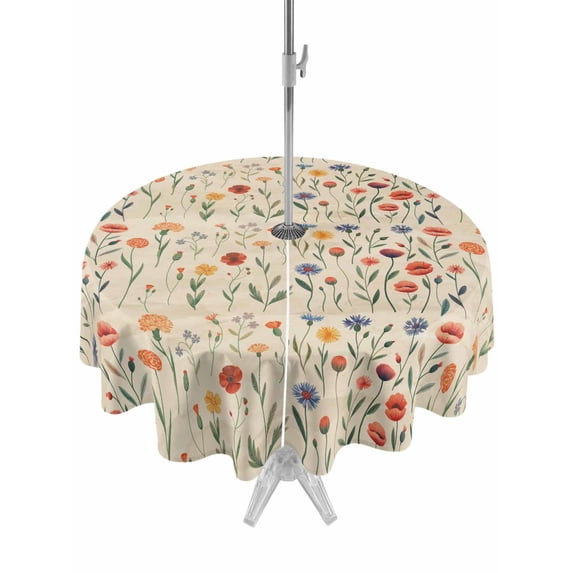 Round Outdoor Tablecloth With Umbrella Hole And Zipper– Rustic Floral Wildflowers Waterproof Patio Table Cover for Party, Picnic, Backyard, 60" Dia. , Vintage Watercolor Botanical Pattern