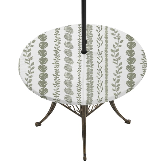 Round Outdoor Tablecloth with Umbrella Hole and Zipper, Sage Green Botanical Tablecloth with Elastic Waterproof, Summer Botanical Leaf Vertical Stripes Patio Table Covers for 45" - 54" Pool Tables