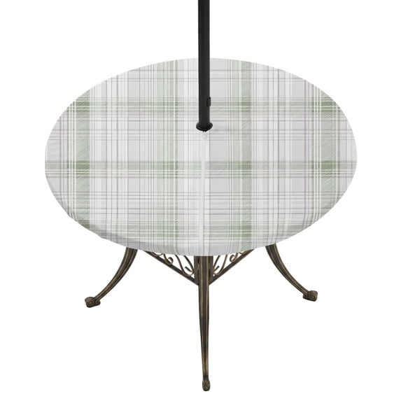 Round Outdoor Tablecloth with Umbrella Hole and Zipper, Sage Green Checkered Tablecloth with Elastic Waterproof, Summer Modern Minimalist Patio Table Covers for 55" - 60" Picnic Pool Tables